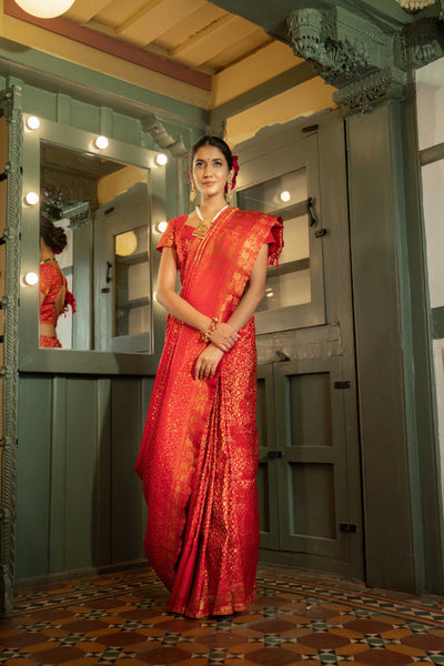 Light Red Golden Zari Banarasi Satin Silk Saree