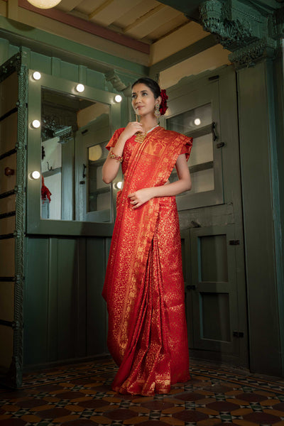 Light Red Golden Zari Banarasi Satin Silk Saree