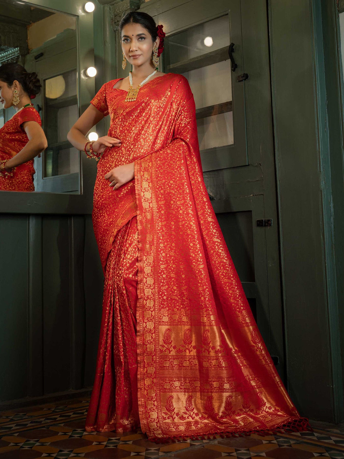 Cream Color Soft Banarasi Silk Saree with Red Blouse and Golden Zari Work  for Wedding Wear - Navshtri Family