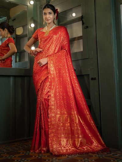 Light Red Golden Zari Banarasi Satin Silk Saree