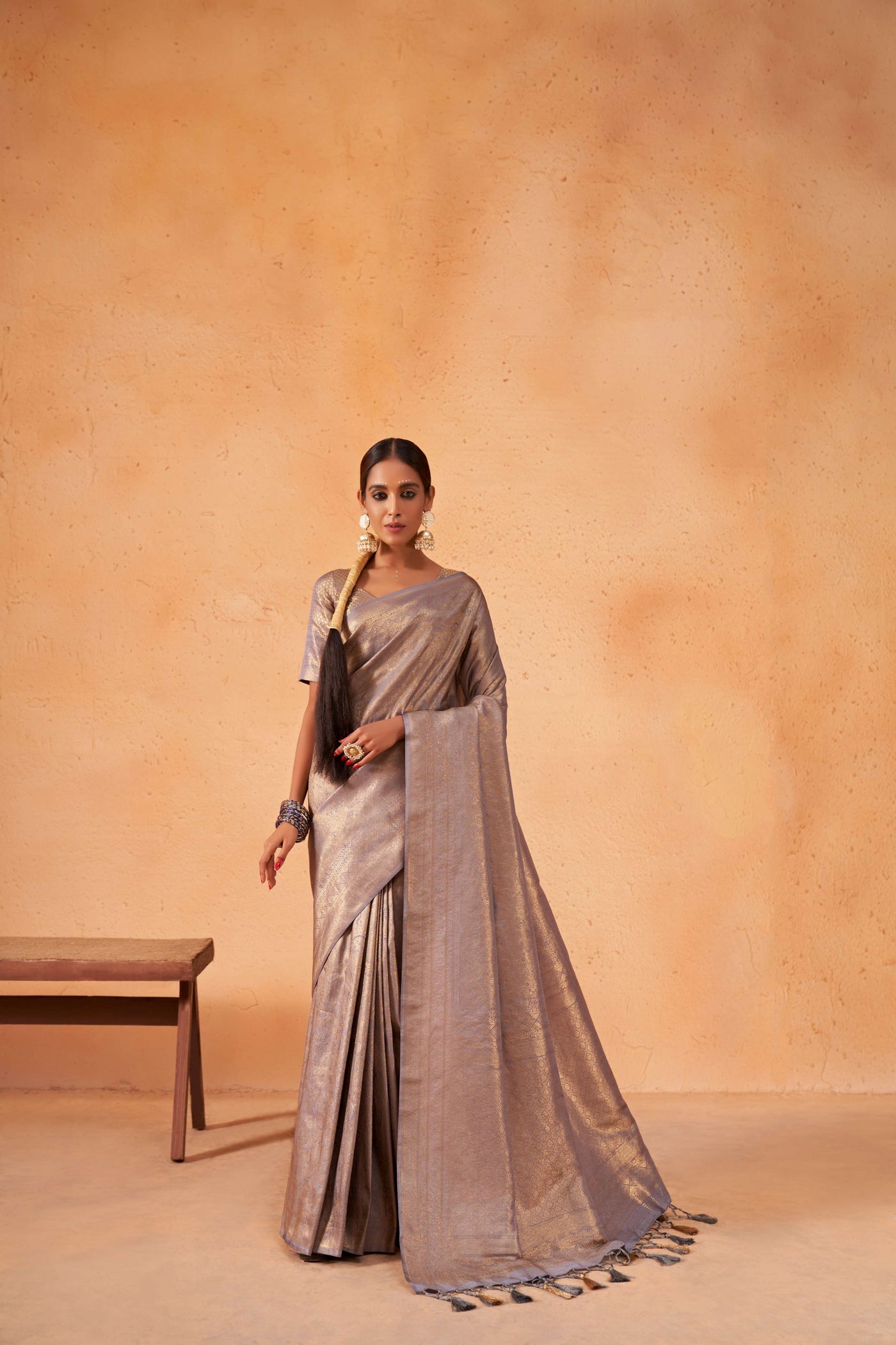 Cadet Grey Gold Zari Kanjeevaram Silk Saree