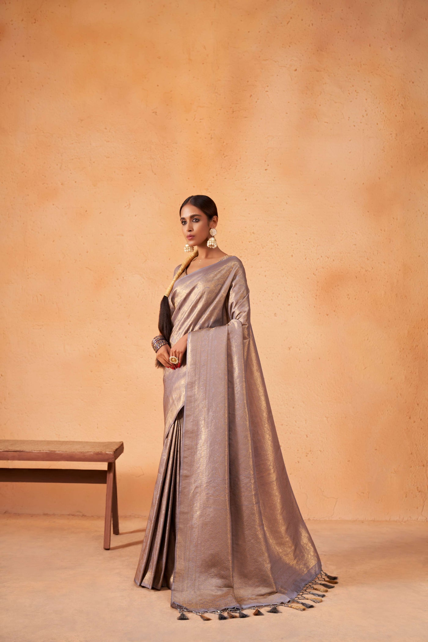 Cadet Grey Gold Zari Kanjeevaram Silk Saree