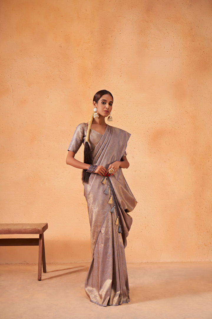 Cadet Grey Gold Zari Kanjivaram Silk Saree