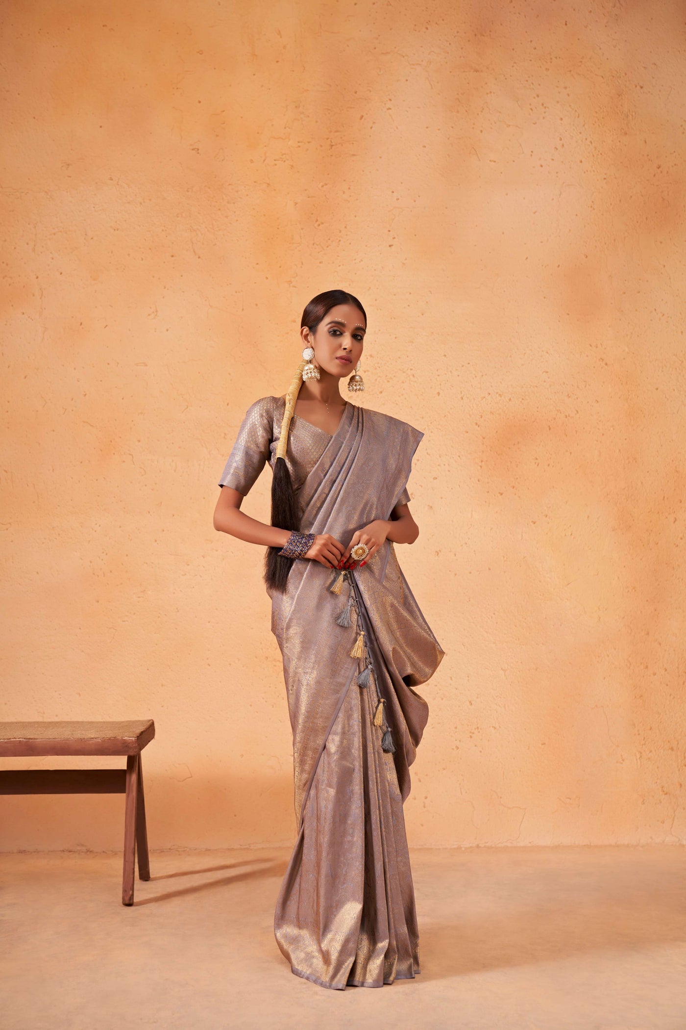 Cadet Grey Gold Zari Kanjeevaram Silk Saree