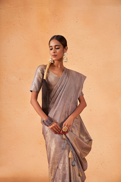 Cadet Grey Gold Zari Kanjeevaram Silk Saree