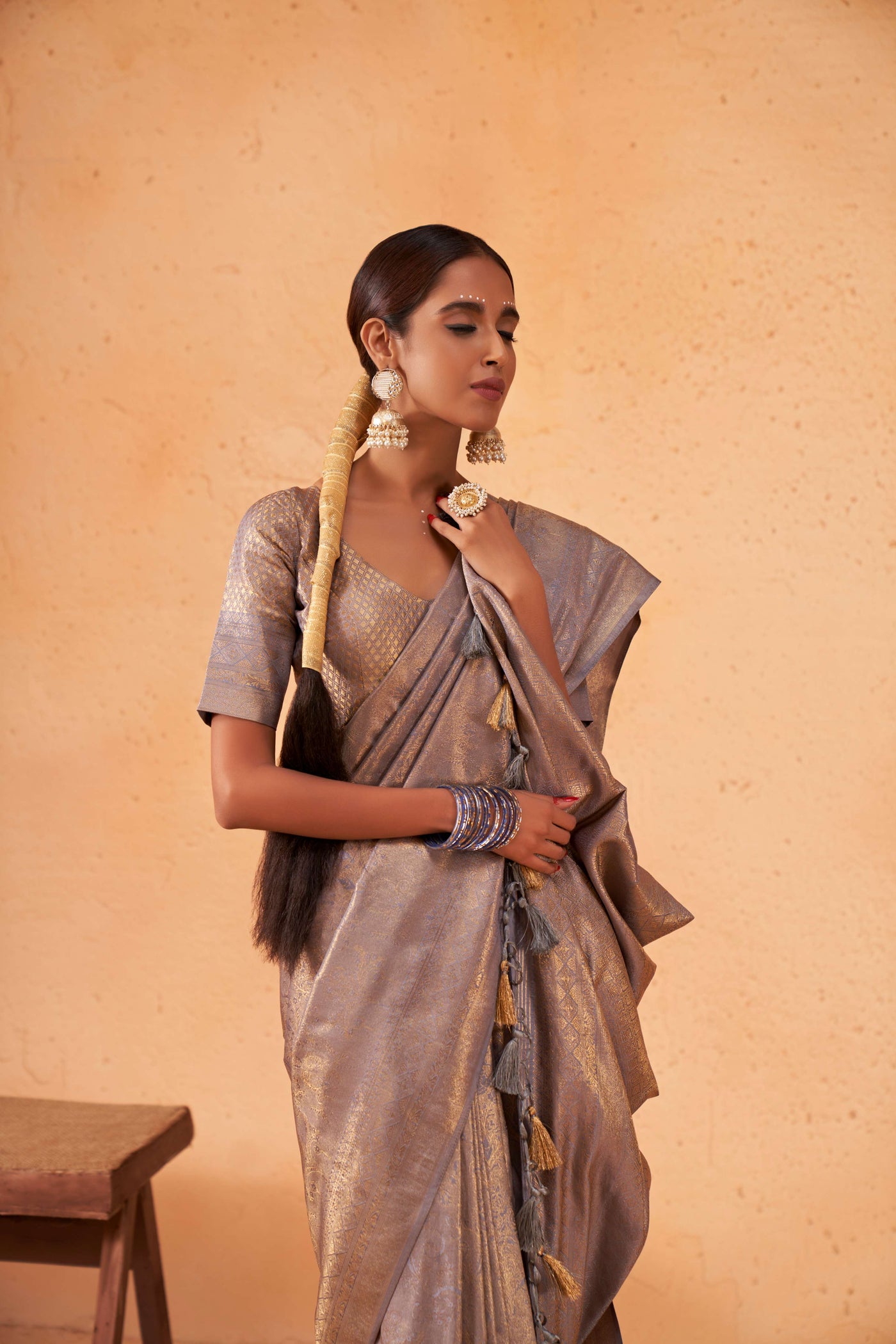 Cadet Grey Gold Zari Kanjeevaram Silk Saree