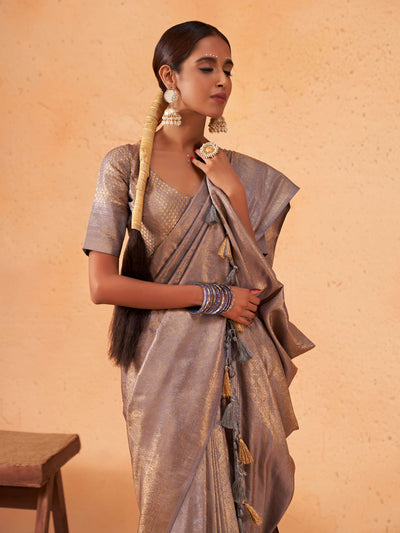 Cadet Grey Gold Zari Kanjeevaram Silk Saree