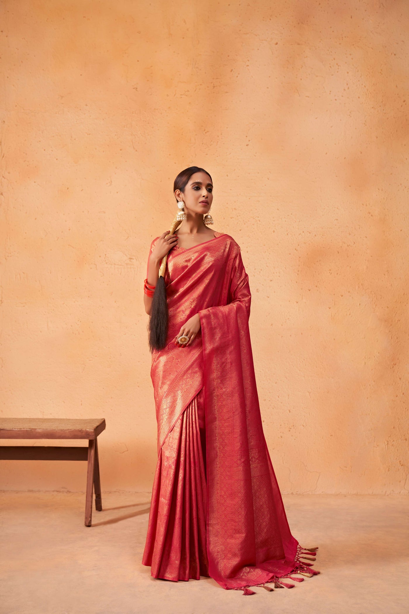 Pastel Red Gold Zari Kanjeevaram Silk Saree