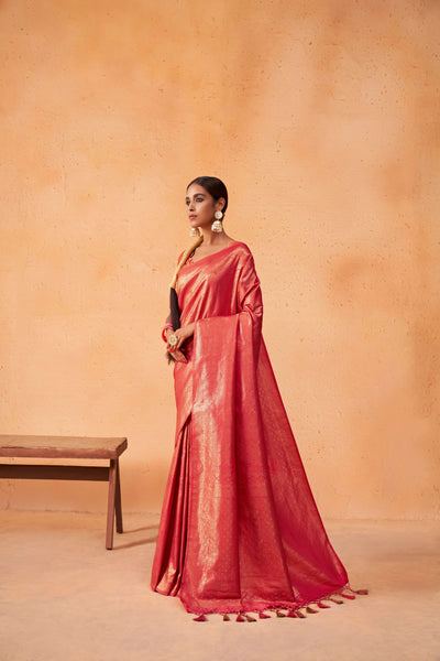 Pastel Red Gold Zari Kanjeevaram Silk Saree