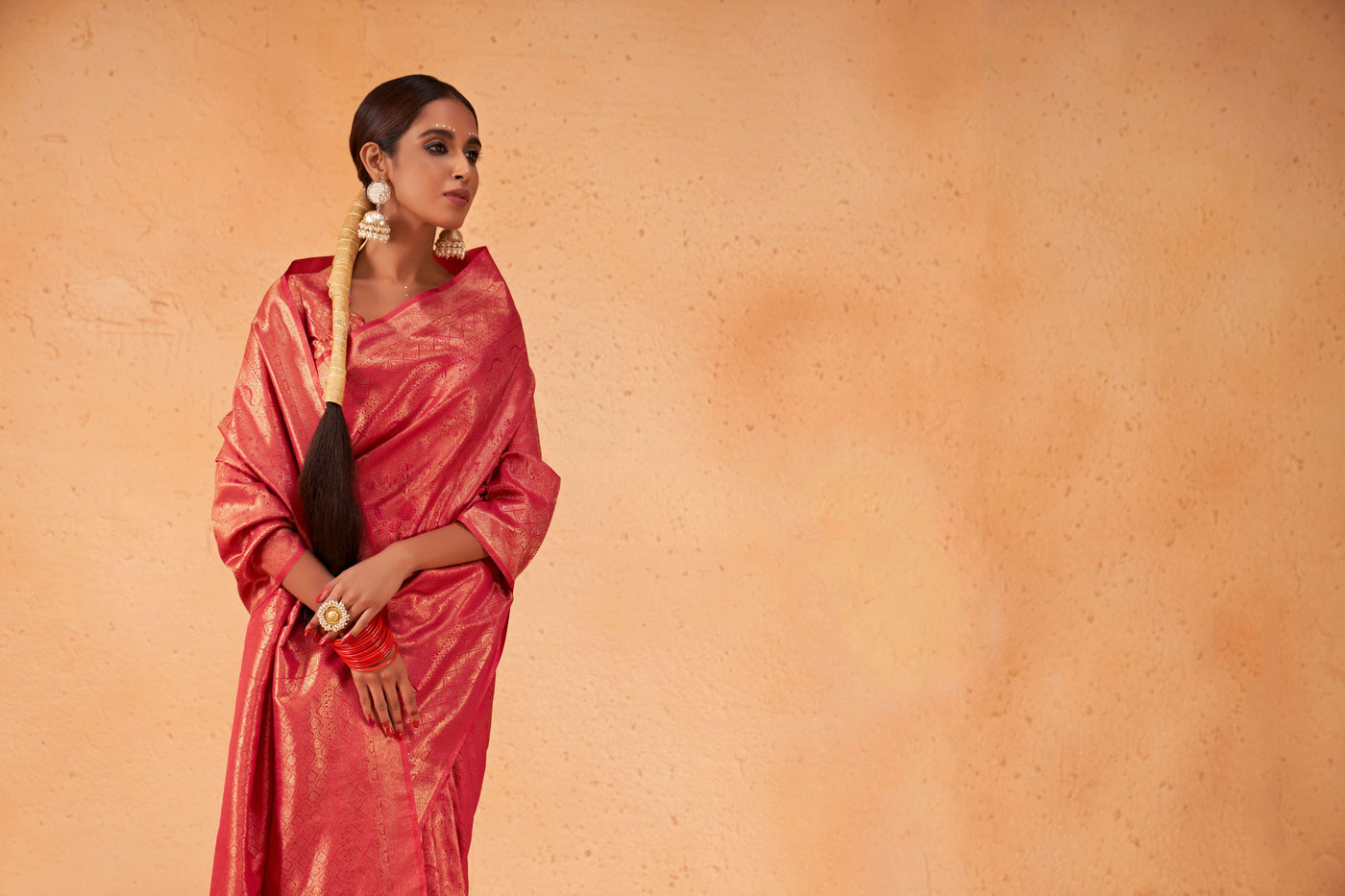 Pastel Red Gold Zari Kanjeevaram Silk Saree