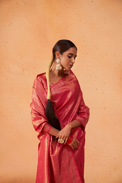 Pastel Red Gold Zari Kanjeevaram Silk Saree