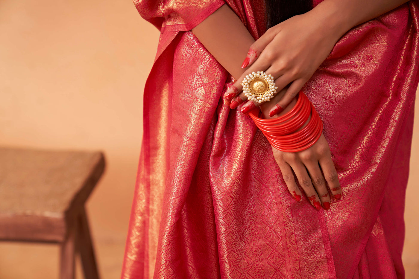 Pastel Red Gold Zari Kanjivaram Silk Saree