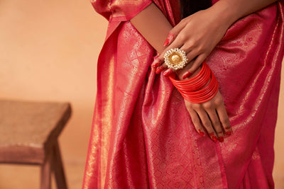 Pastel Red Gold Zari Kanjeevaram Silk Saree