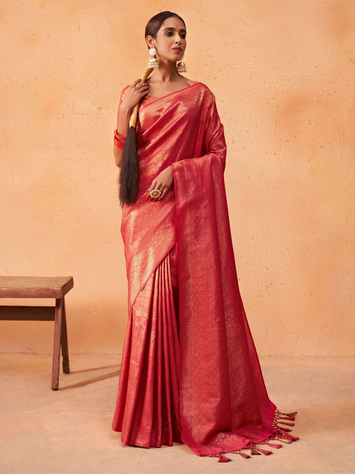 Pastel Red Gold Zari Kanjeevaram Silk Saree