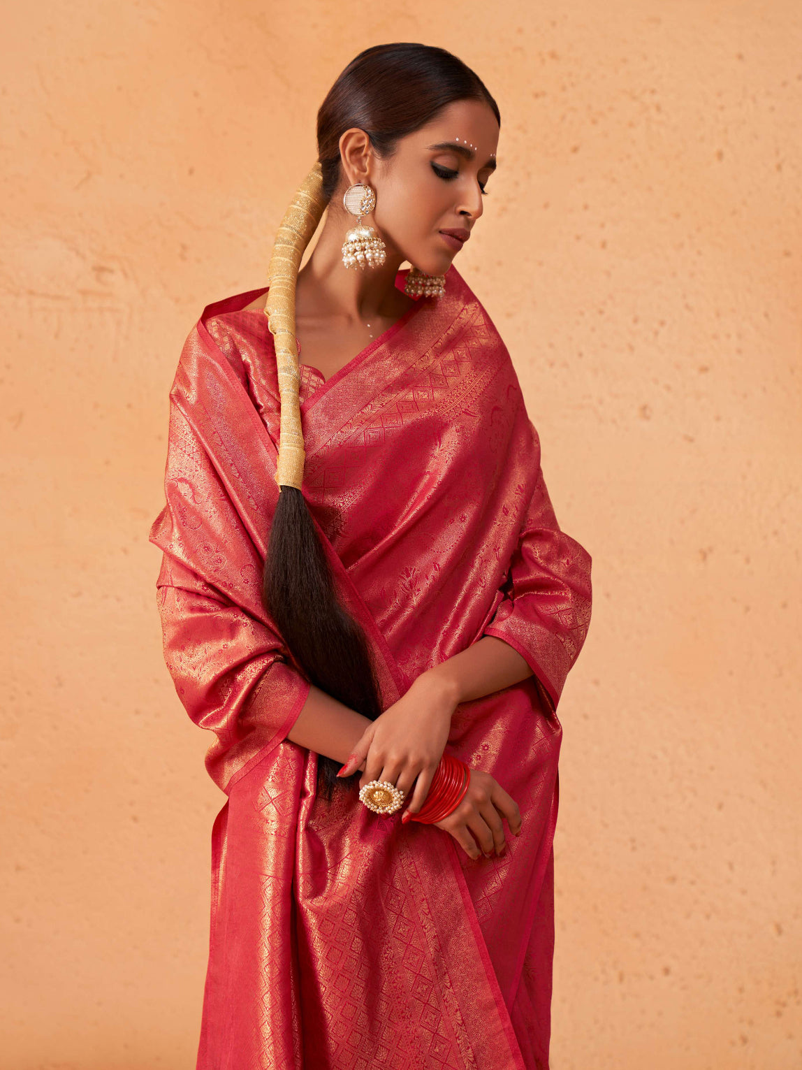 Pastel Red Gold Zari Kanjivaram Silk Saree