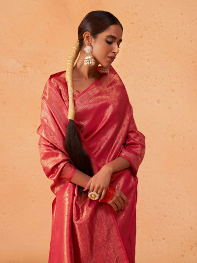Pastel Red Gold Zari Kanjeevaram Silk Saree