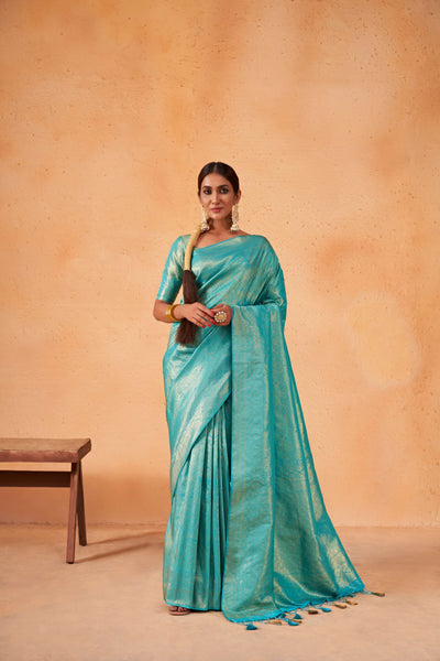 Cyan Blue Gold Zari Kanjeevaram Silk Saree