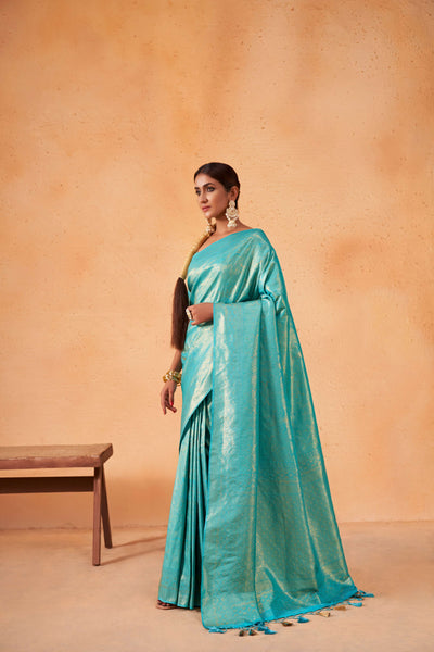 Cyan Blue Gold Zari Kanjeevaram Silk Saree