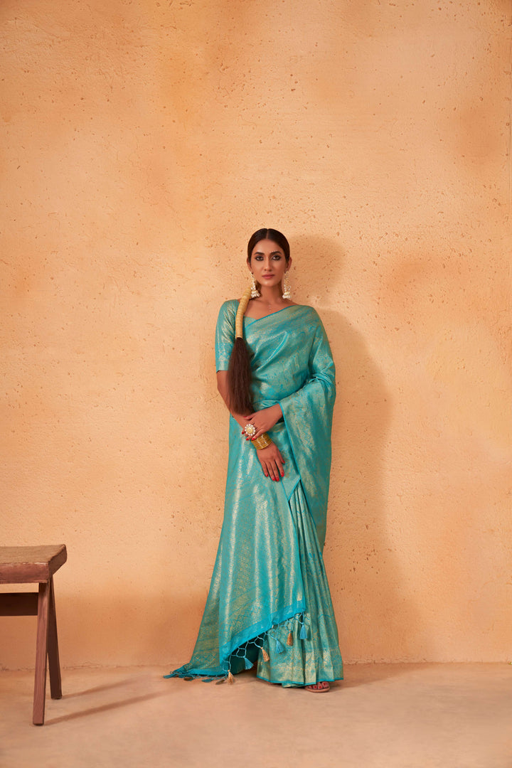Cyan Blue Gold Zari Kanjivaram Silk Saree
