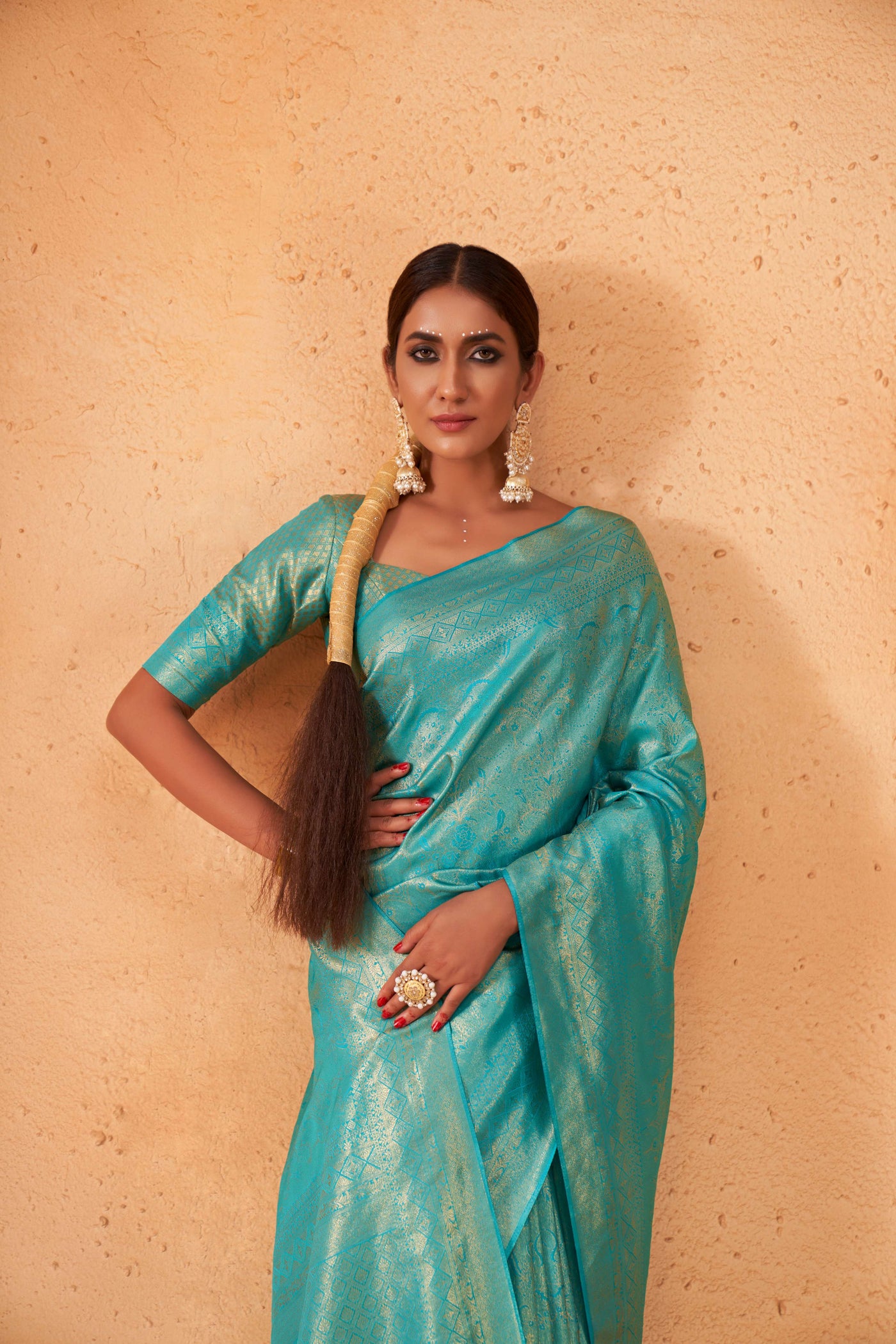 Cyan Blue Gold Zari Kanjeevaram Silk Saree