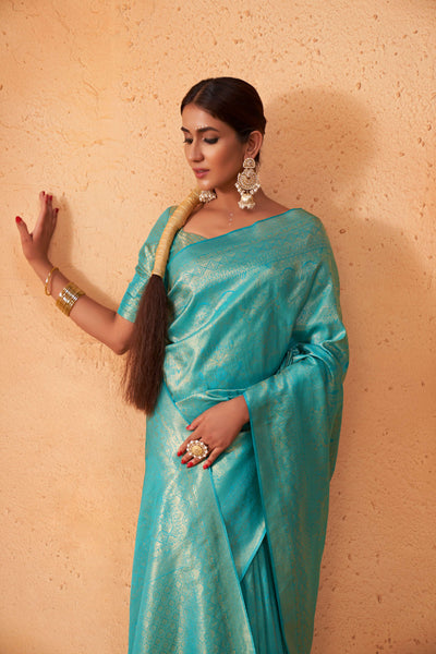 Cyan Blue Gold Zari Kanjeevaram Silk Saree