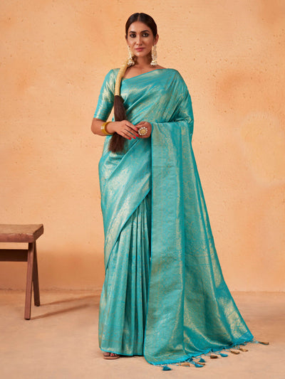 Cyan Blue Gold Zari Kanjeevaram Silk Saree