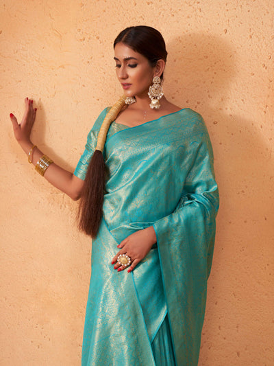 Cyan Blue Gold Zari Kanjeevaram Silk Saree