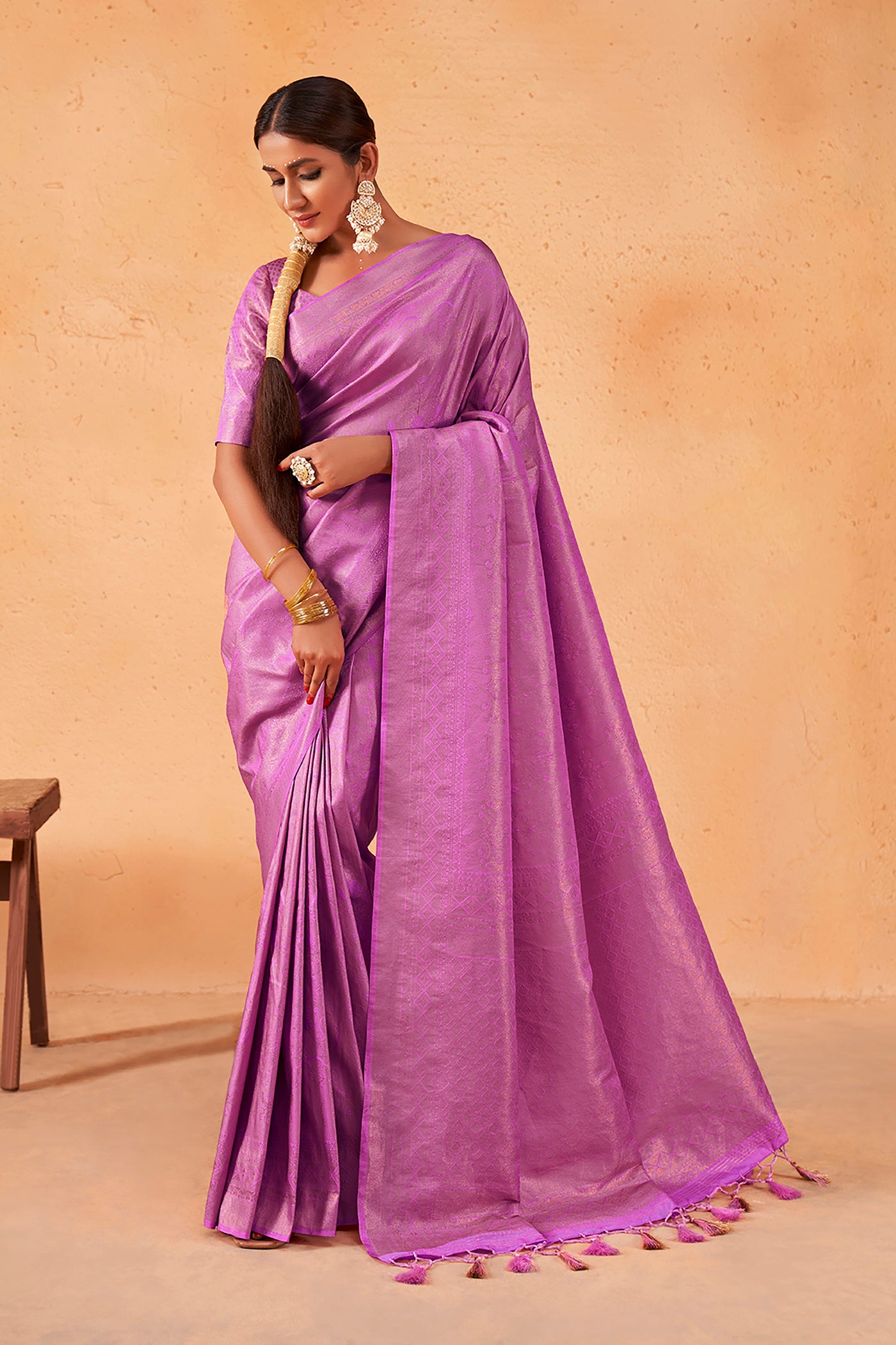 Neon Pink Gold Zari Kanjeevaram Silk Saree