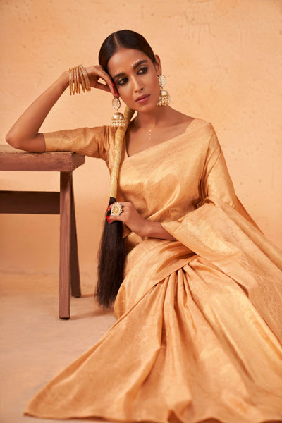 Golden Glow Gold Zari Kanjeevaram Silk Saree for Mehendi Function | House of Vardha