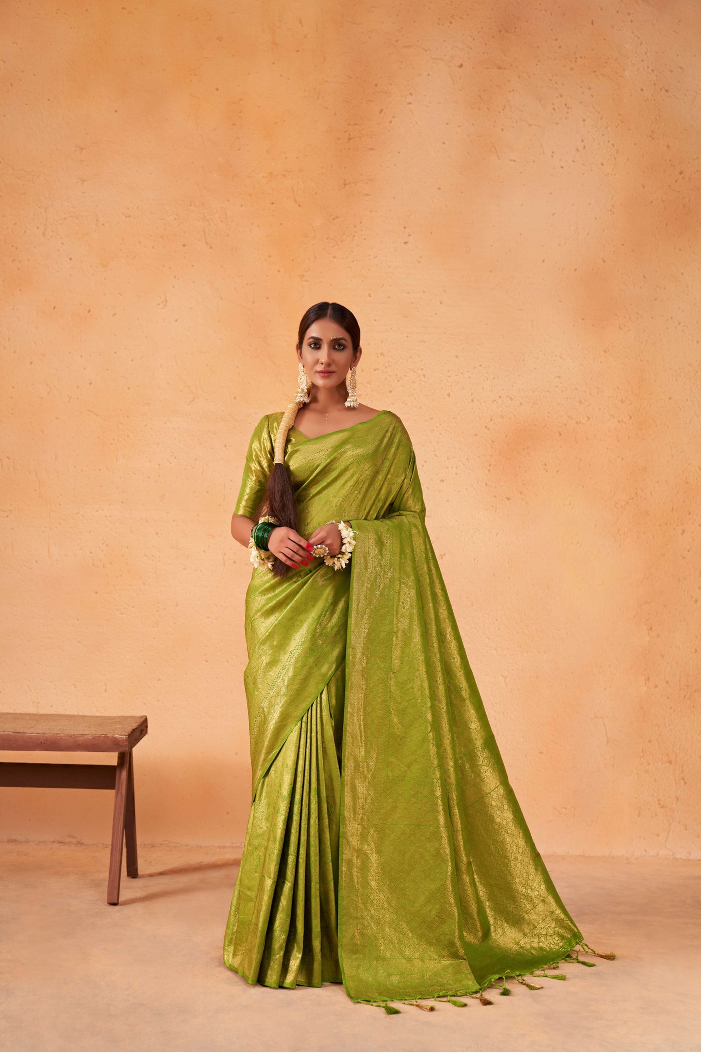 Yellow Green Gold Zari Kanjeevaram Silk Saree