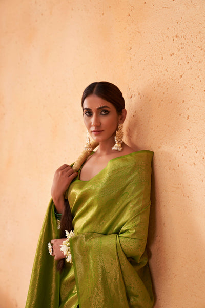 Yellow Green Gold Zari Kanjeevaram Silk Saree