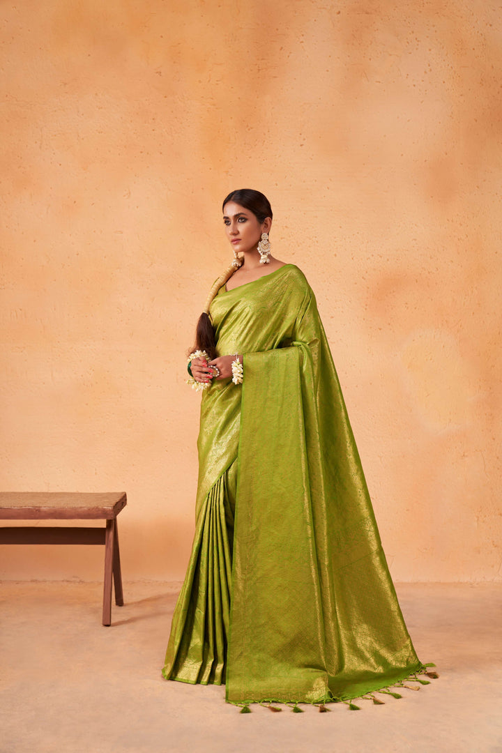 Yellow Green Gold Zari Kanjeevaram Silk Saree