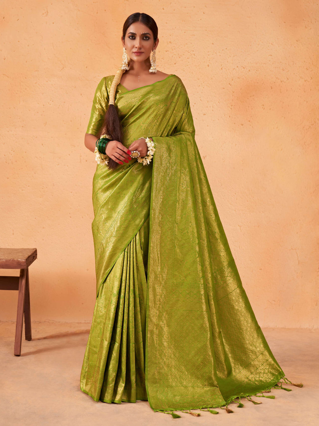 Yellow Green Gold Zari Kanjeevaram Silk Saree | House of Vardha