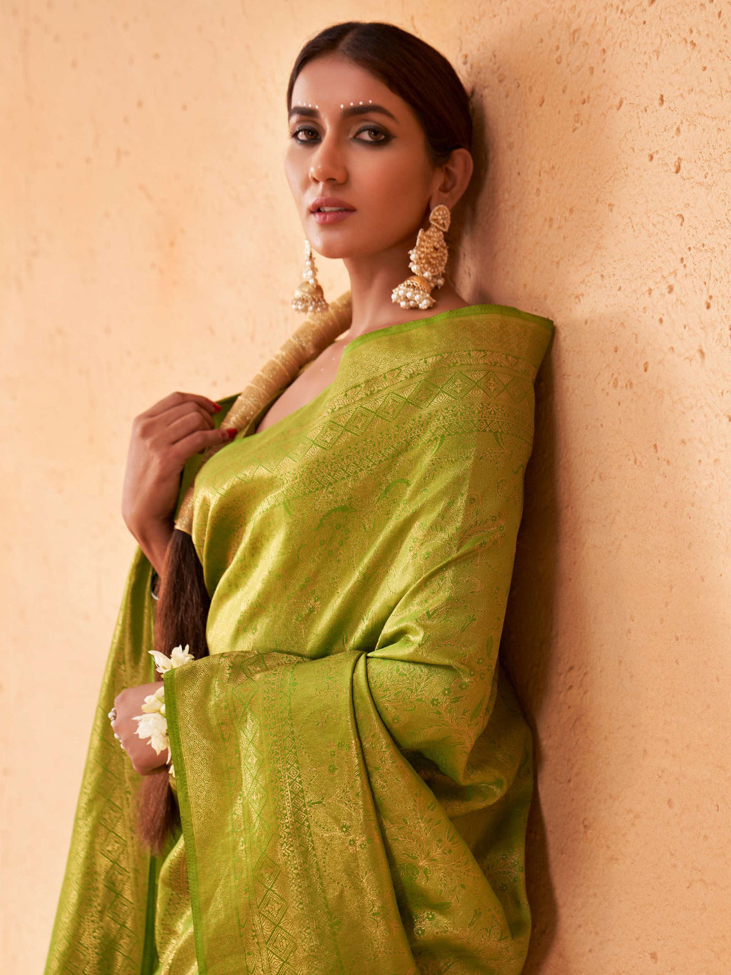 Yellow Green Gold Zari Kanjeevaram Silk Saree