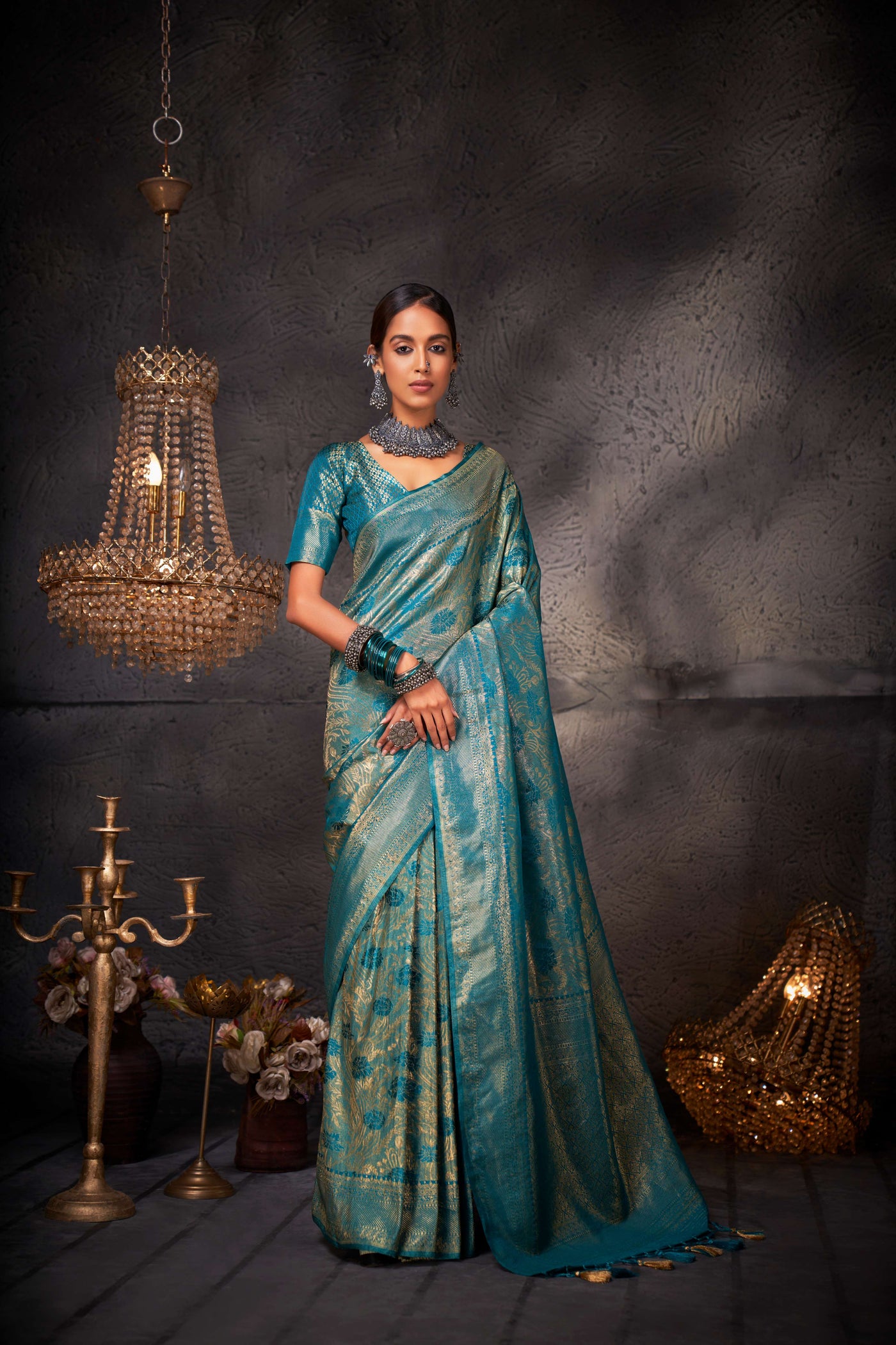 Tiffany Blue Gold Zari Kanjeevaram Silk Saree