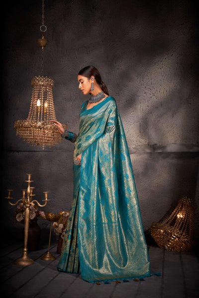 Tiffany Blue Gold Zari Kanjeevaram Silk Saree