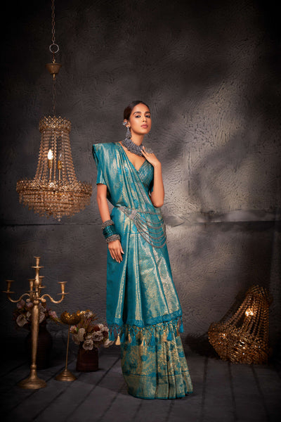 Tiffany Blue Gold Zari Kanjeevaram Silk Saree