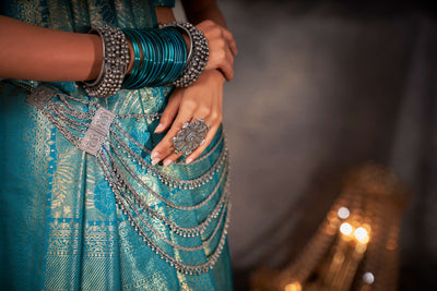 Tiffany Blue Gold Zari Kanjeevaram Silk Saree
