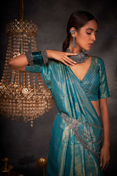 Tiffany Blue Gold Zari Kanjeevaram Silk Saree