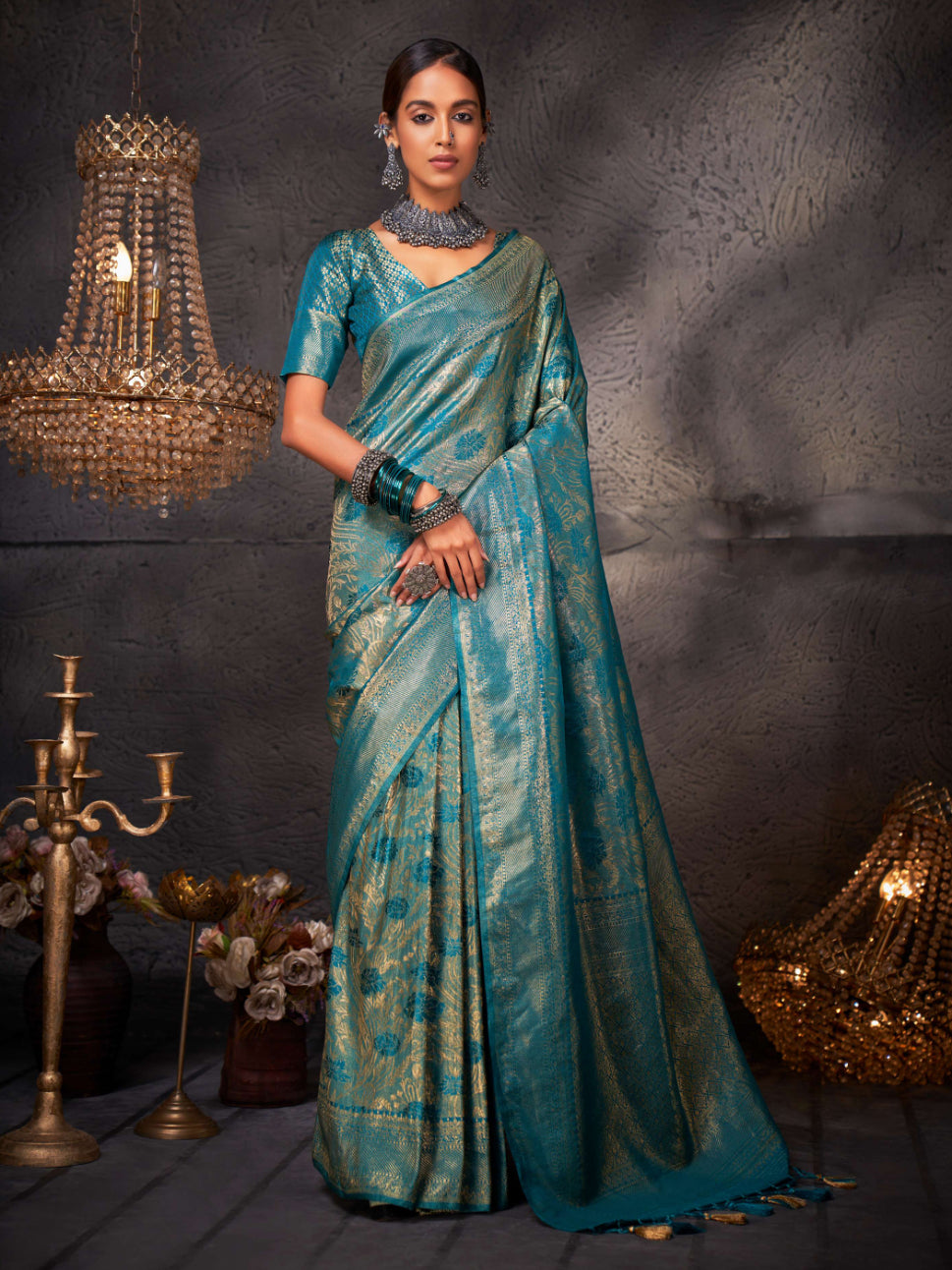 Tiffany Blue Gold Zari Kanjeevaram Silk Saree