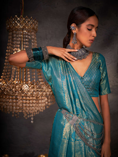 Tiffany Blue Gold Zari Kanjeevaram Silk Saree