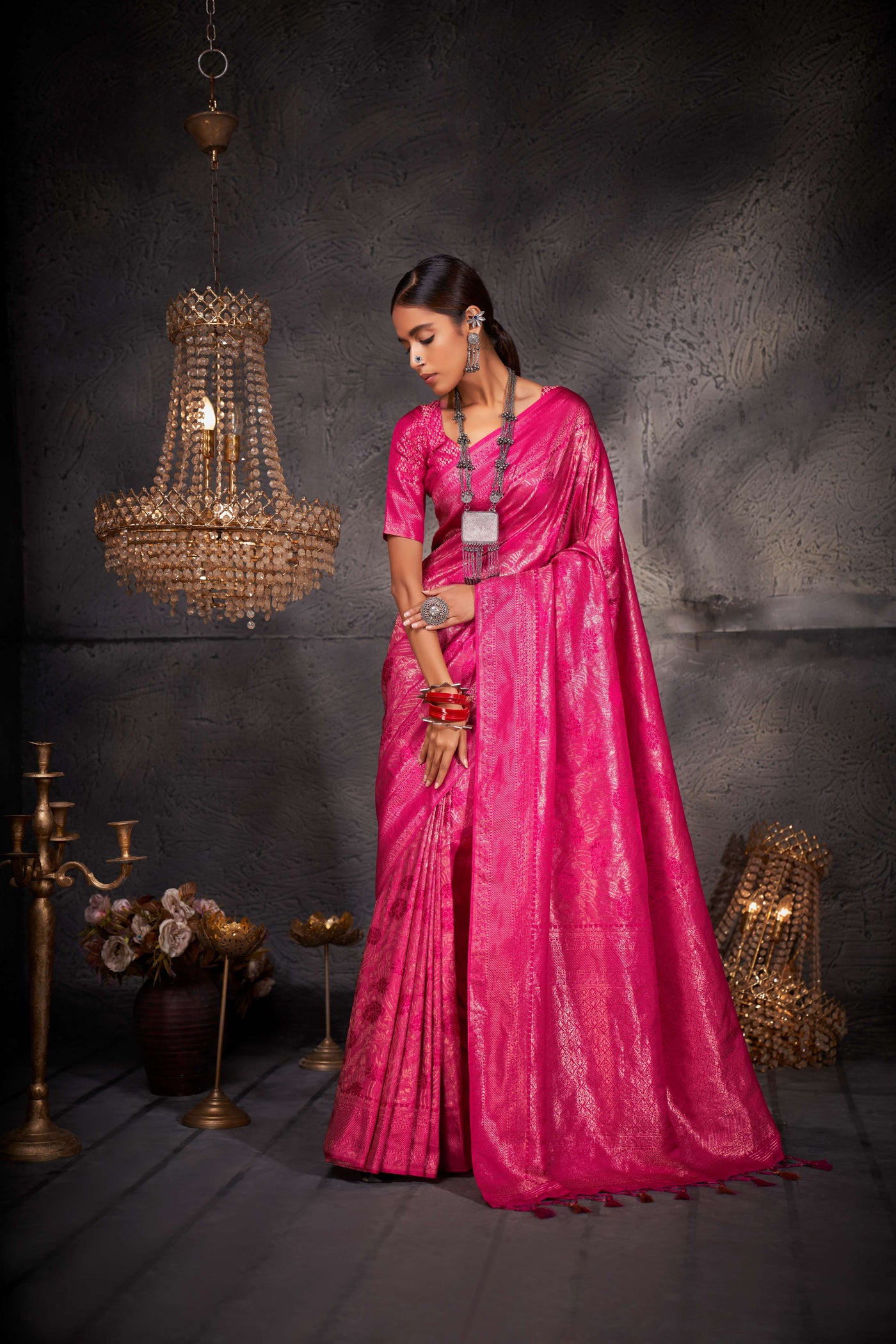 Barbie Pink Gold Zari Kanjeevaram Silk Saree