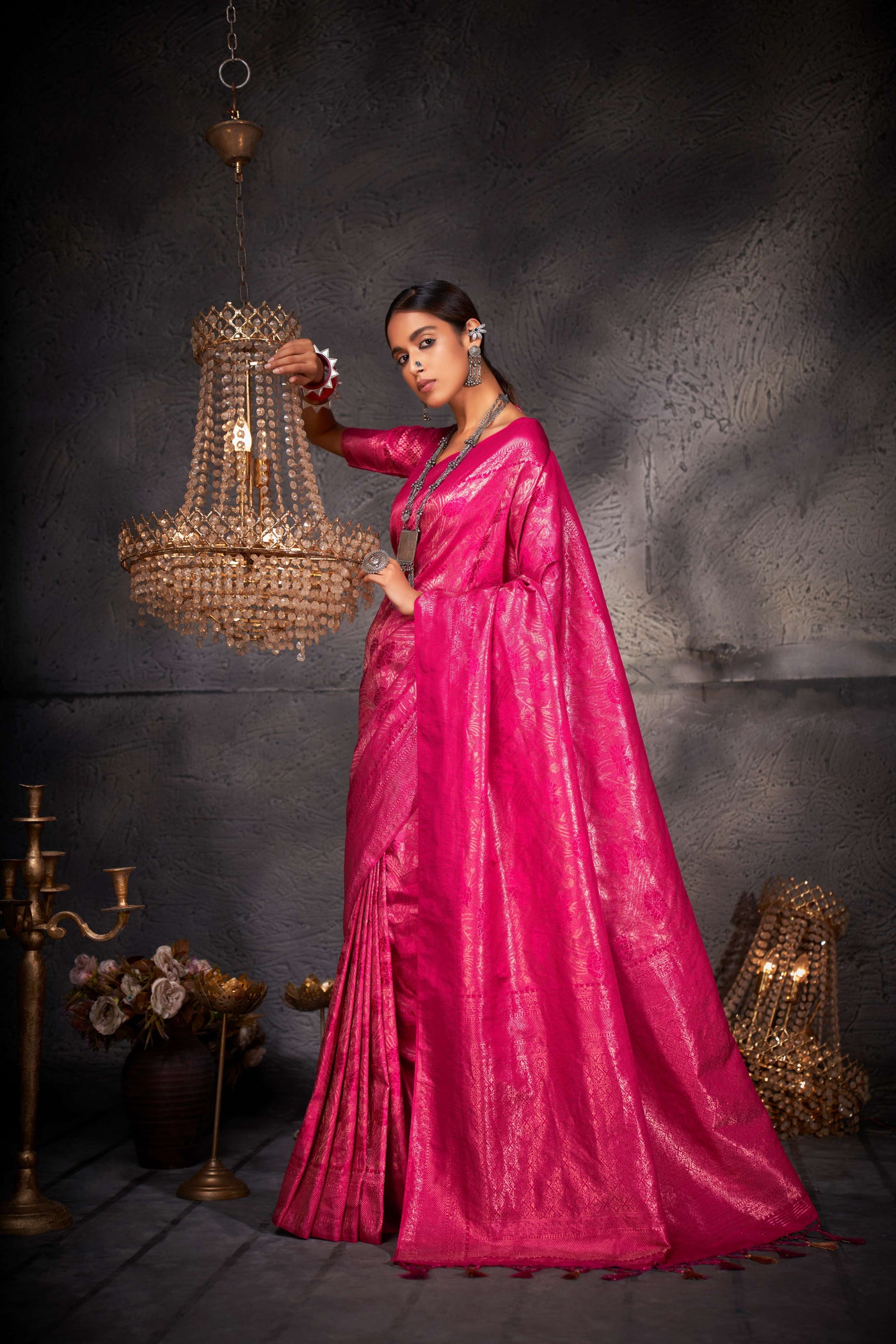 Barbie Pink Gold Zari Kanjeevaram Silk Saree