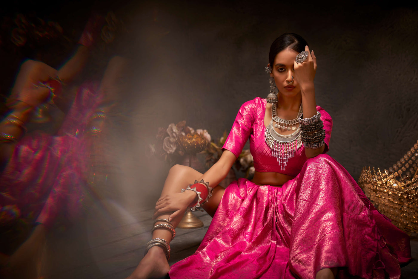 Barbie Pink Gold Zari Kanjeevaram Silk Saree