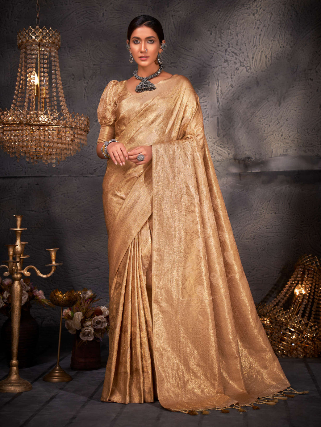 Hampton Beige Gold Zari Kanjeevaram Silk Saree