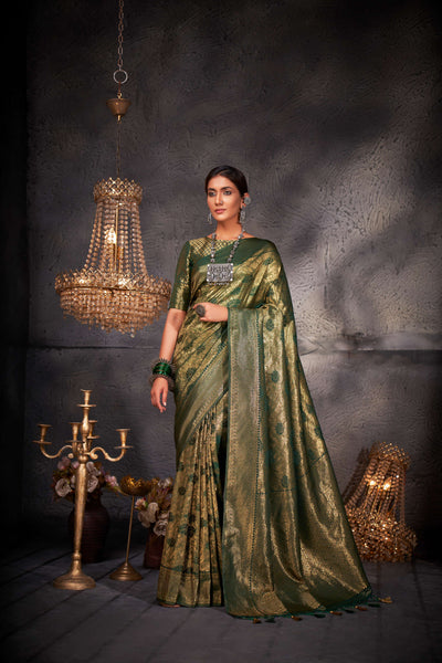 British Racing Green Gold Zari Kanjeevaram Silk Saree