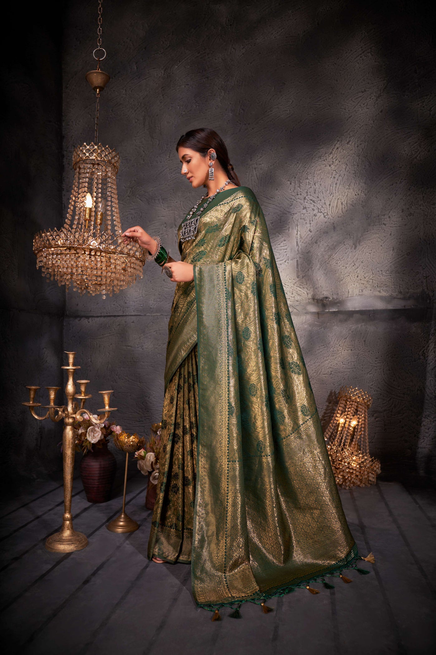 British Racing Green Gold Zari Kanjeevaram Silk Saree