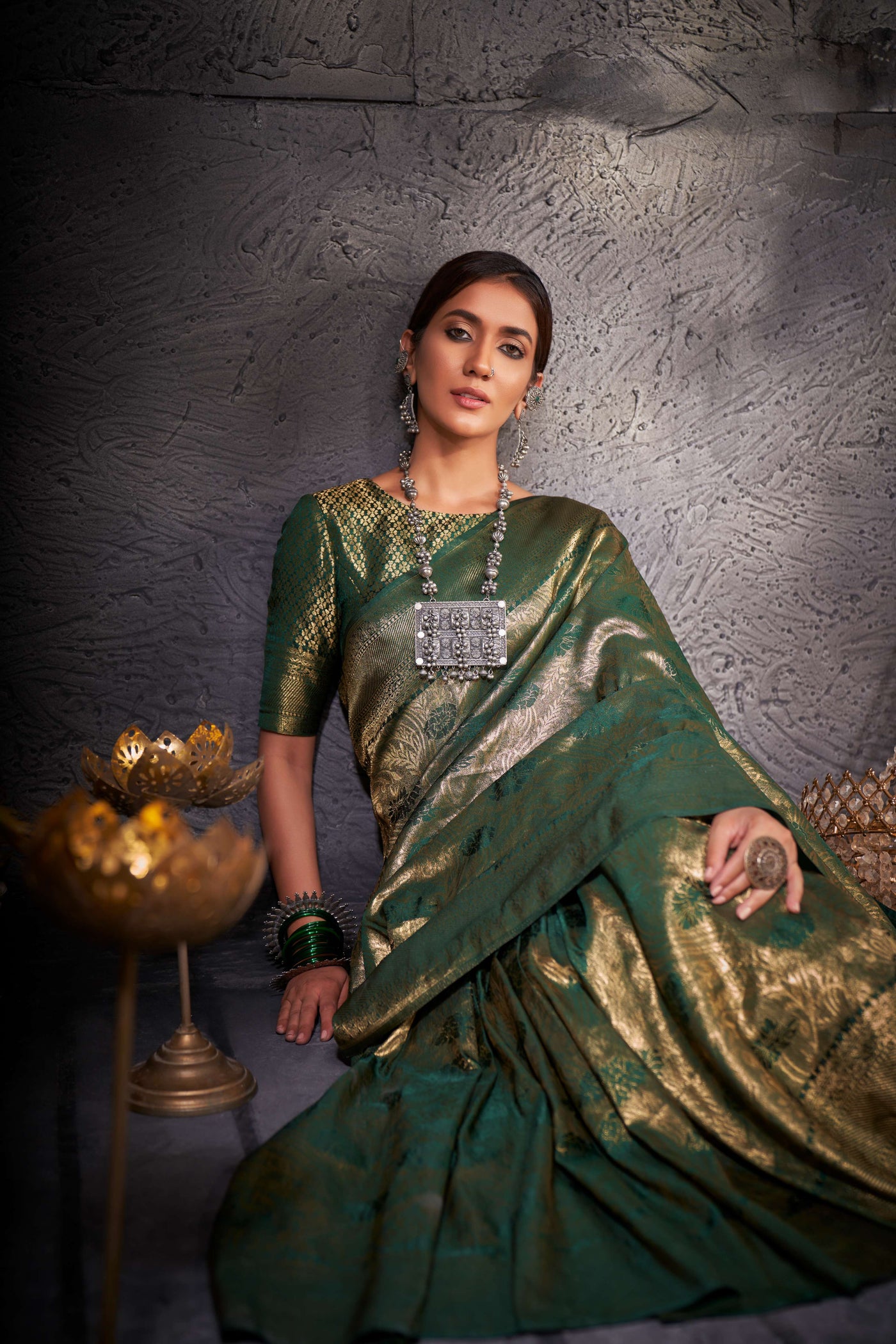 British Racing Green Gold Zari Kanjeevaram Silk Saree