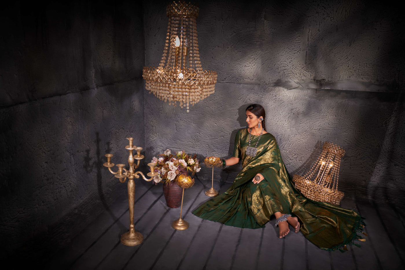 British Racing Green Gold Zari Kanjeevaram Silk Saree