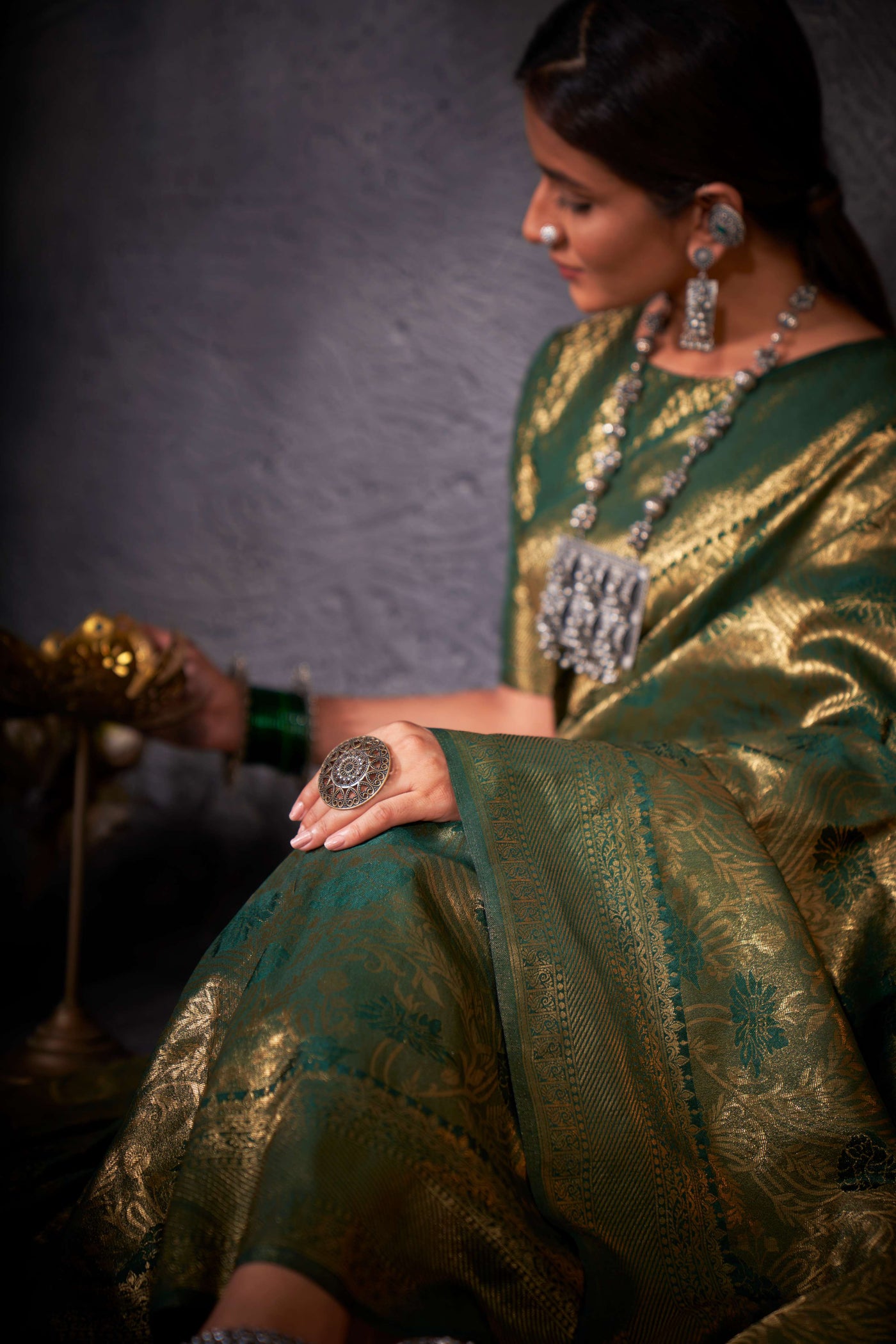 British Racing Green Gold Zari Kanjeevaram Silk Saree